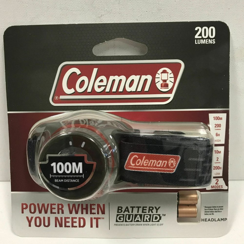 Coleman 200 Lumens LED Headlamp with Battery Guard W/Batteries New 100m Beam